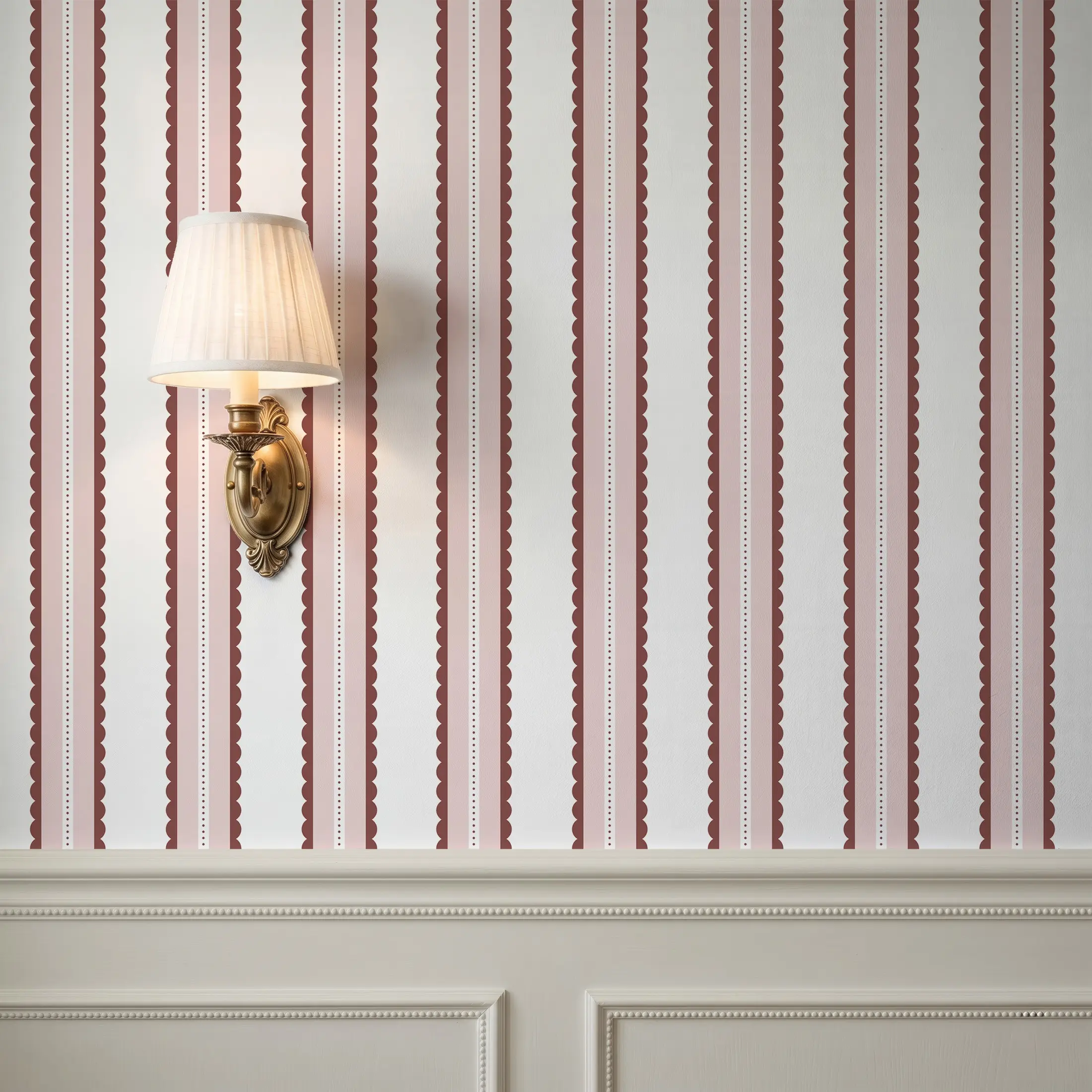 Vintage Bohemian Wallpaper Roll, Wine /blue Scallop Stripes, Striped Wallpaper Peel and Stick, Self-Adhesive Waterproof Removable Wall Paper, Easy Install for Bedroom Living Room, Peel and Stick Wallpaper Boho