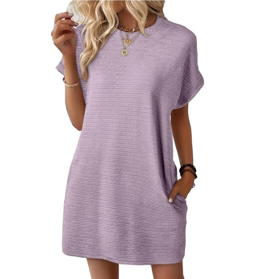 2026 Summer New Loose Crew Neck Pocket Solid Color Short Sleeve Dress for Women Casual Daily Wear Mini Dress
