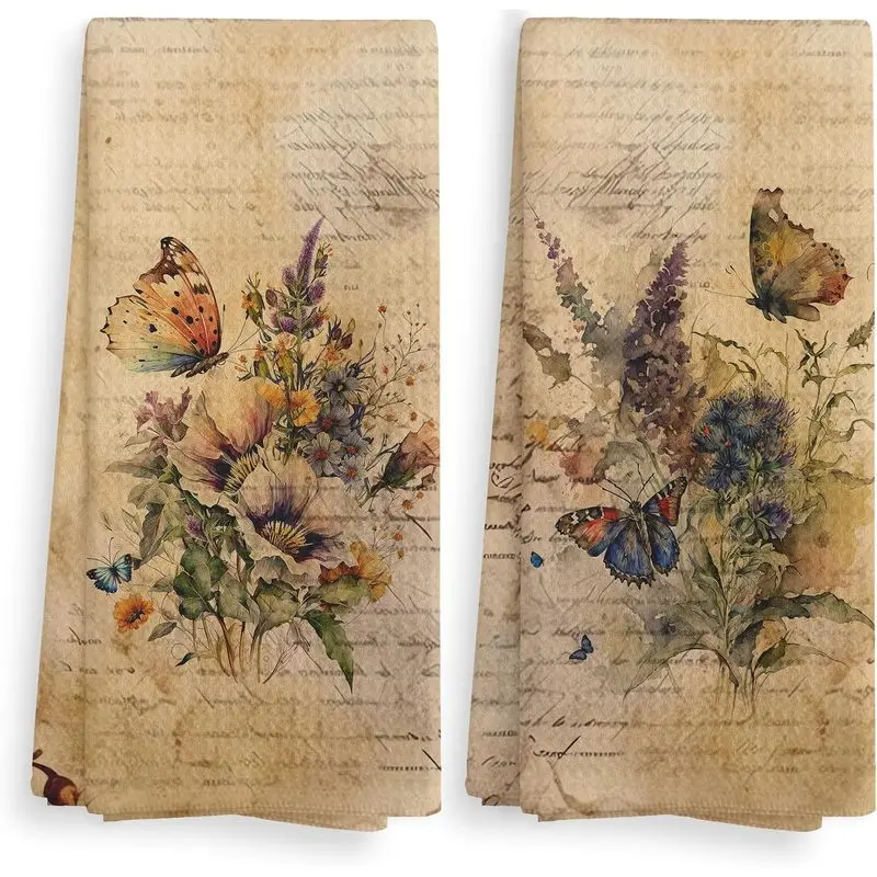 Set of 2 Antique Script Floral Butterfly Kitchen Towels 16x24 Inch, Retro Parchment Watercolor Flower Printed Hand Towel, Vintage Country Home Decor, Gift for Plant Lovers
