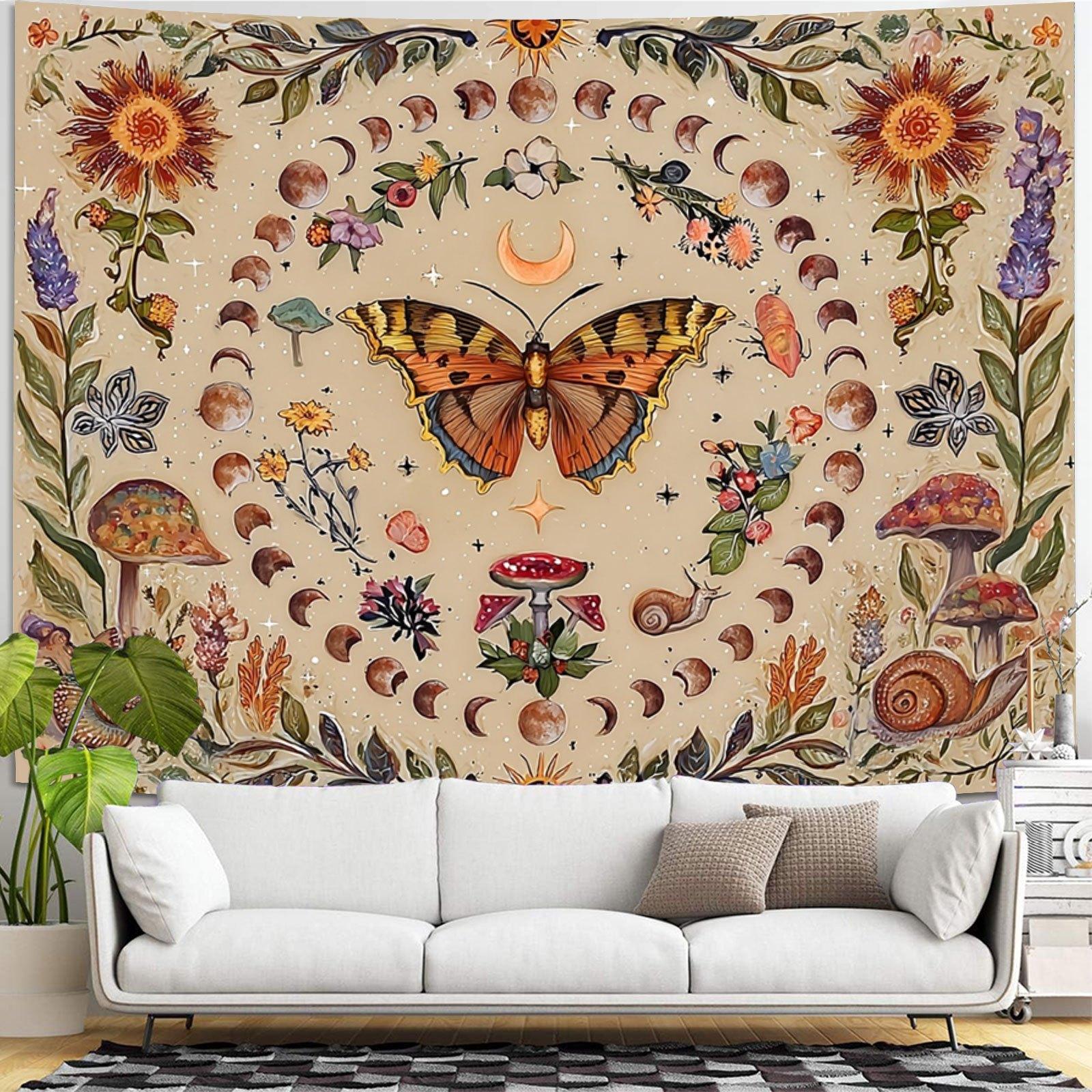 Sun and Moon Tapestry Vintage Boho Wall Hanging, Large Aesthetic Room Decor with Butterflies & Flowers Magic Garden, Oversized Wall Art for Bedroom Living Room Dorm Party