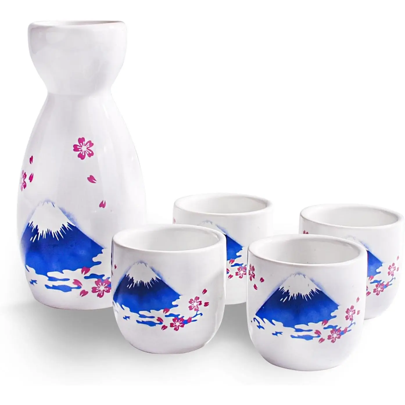 Ceramic  Sake Set, Porcelain Sake Bottle and 4 Sake Cups | Include 150ML Bottle and 45ML Cups for Hot or Cold Sake, Traditional Design,  Choice for Housewarming and Holidays