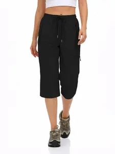 Women's Summer Outdoor Sports Cargo Pants, Quick-Dry Lightweight Woven Zipper Multi-Pocket Hiking Pants, Loose Breathable Running Fitness Capris