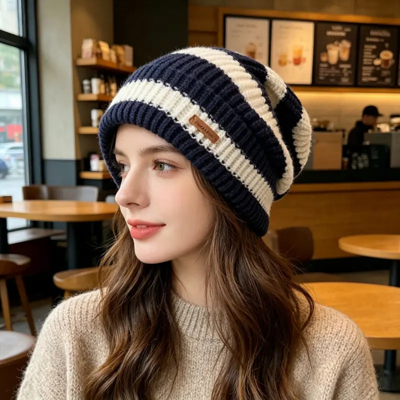 Stripe Knit Beanie Hat for Women and Girls, Soft Cotton Cuffed Winter Cap, Warm and Cute for Everyday Use, Knit Texture, Beanie Shape