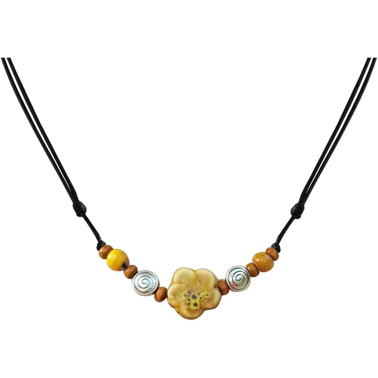 Ceramic Boho Necklace Beaded Bohemian Necklace Flower Floral Spiral Swirl Y2K Hippie Whimsical Adjustable Black Rope Cord Choker Stacking Necklace For Women
