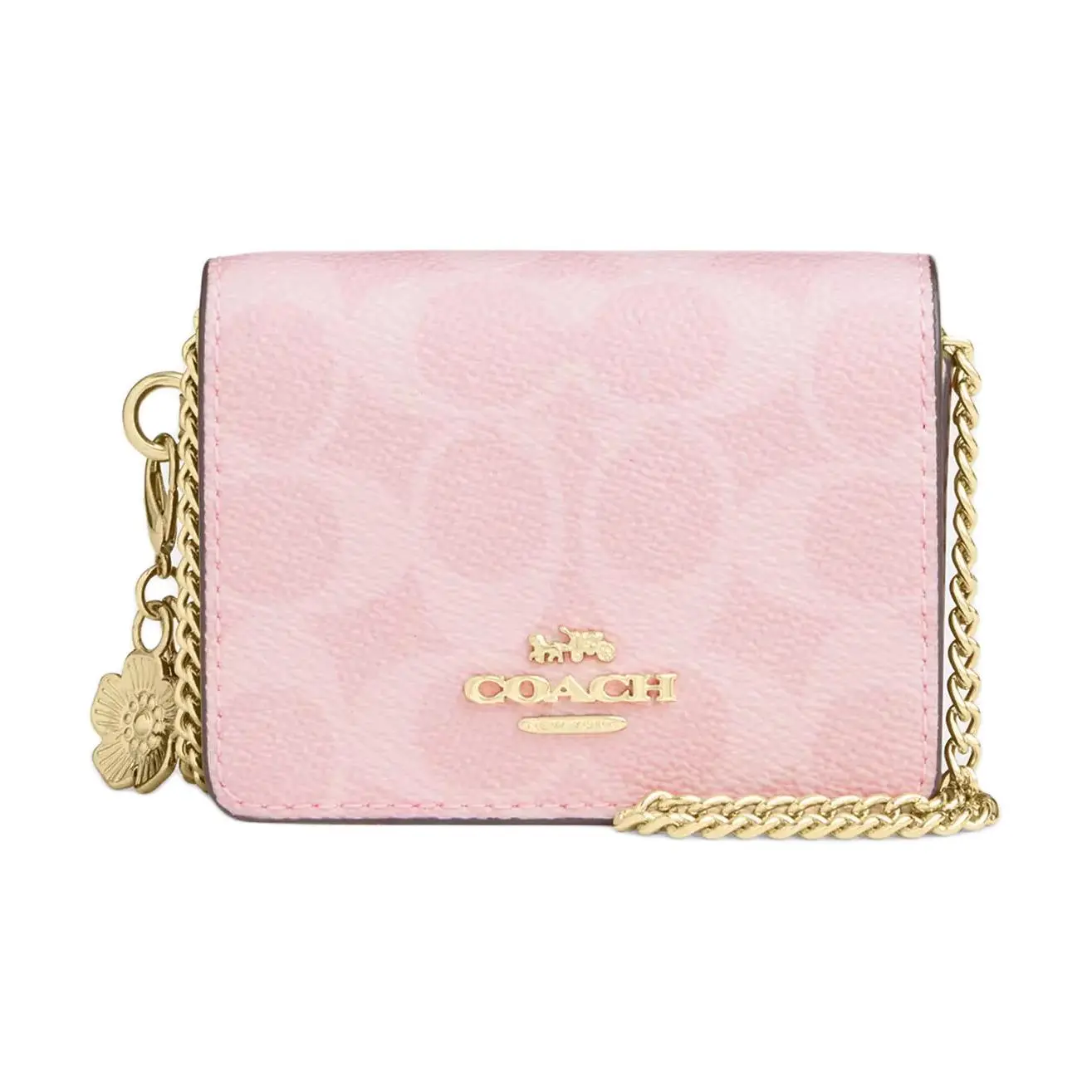 Coach Mini Wallet for Women – Gold-Chain Accented Coated Canvas Handbag in Pink