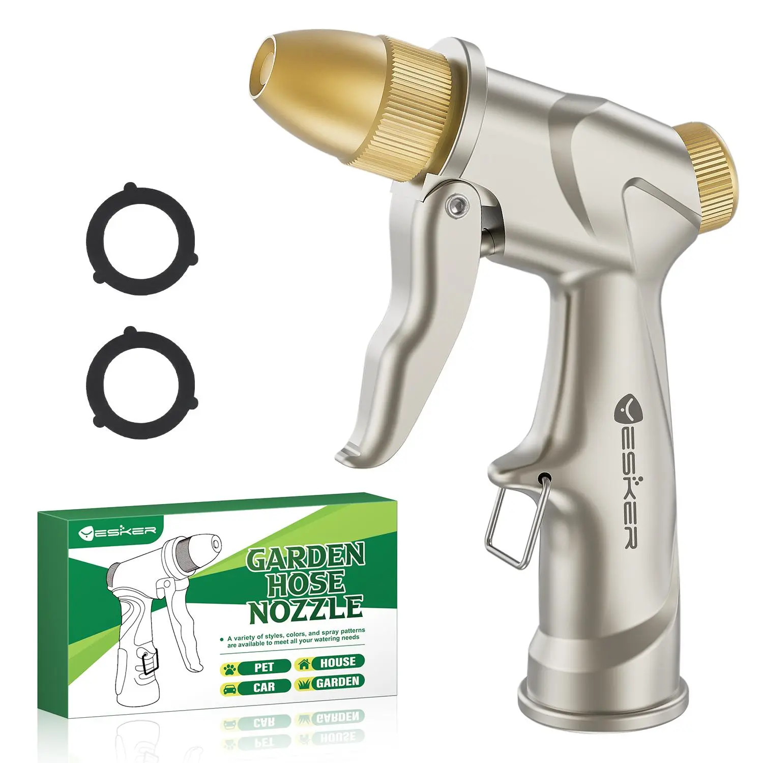 Yesker Garden Hose Nozzle, Water Hose Sprayer Nozzle Adjustable 4 Spray Patterns Heavy Duty Handheld 100% Metal Brass Water Nozzles for Hose Outdoor Watering Plants Lawns Garden Washing Cars Pets Home fathersdaygift