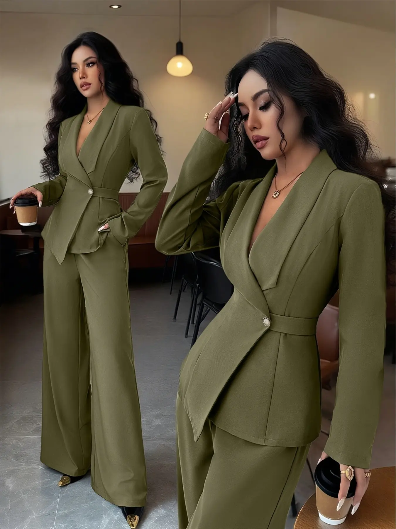 Women's Suit Wide Leg Pants Set, Elegant Chic Office Wear, Perfect for Daily Commute, Business, Spring Autumn New Arrival