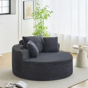 Oversized 55" Corduroy Round Chaise Lounge Chair - Deep Seat Circle Sofa with Cup Holders - Cozy Comfy Sleeper for Bedroom