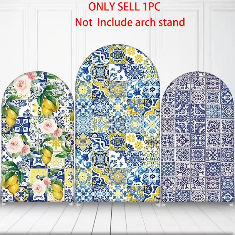 Mediterranean Lemon Blue Tile Arch Backdrop, Nylon Fabric, Ideal for Wedding Shower, Baby Shower, Birthday Party Decor, Photo Background, Party Decoration Banner