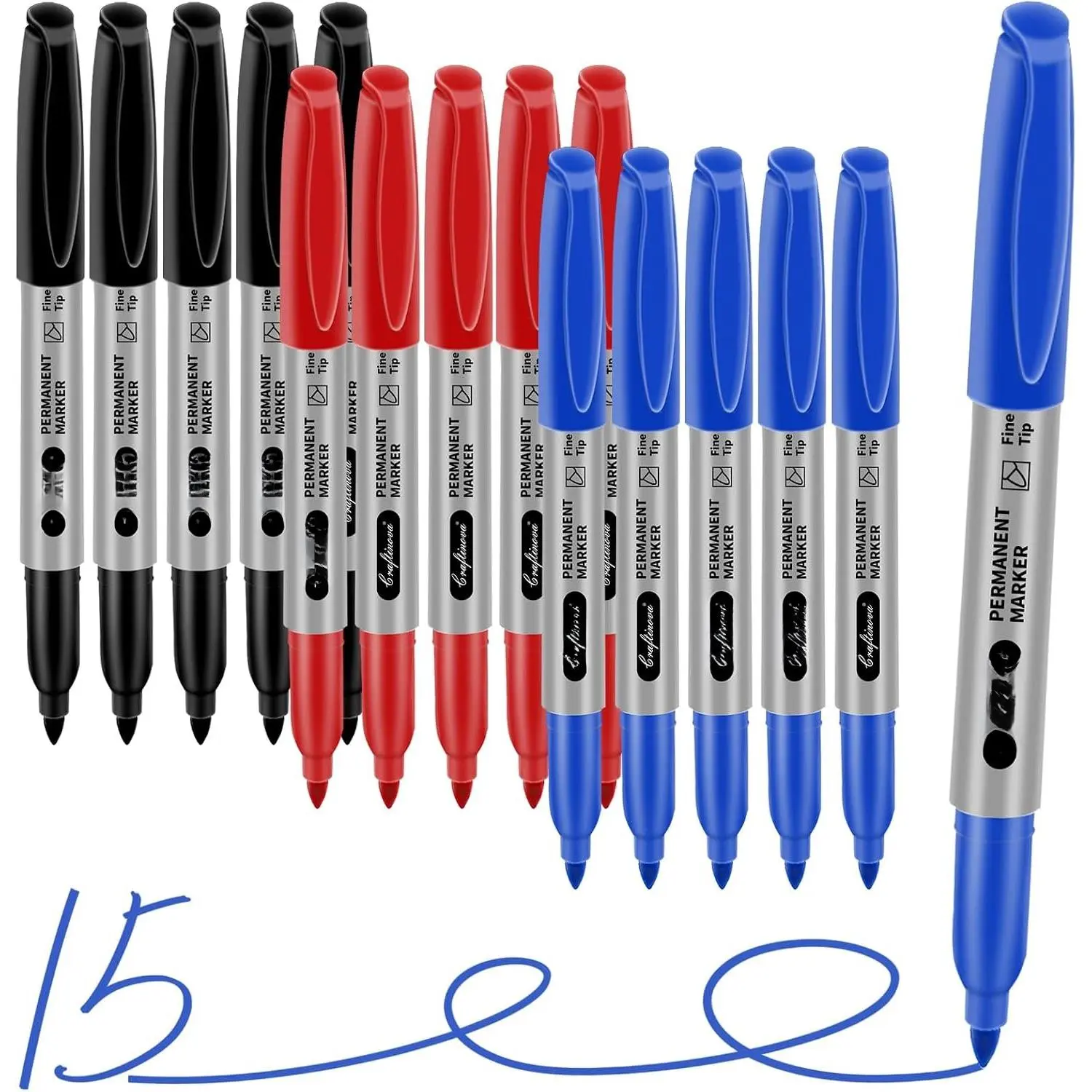 Fine Point  Colors Permanent Markers Set, Works  Paper, Plastic, Metal, etc., for Adults, Artist, Teacher, , Black, Blue, Red, 15 Count