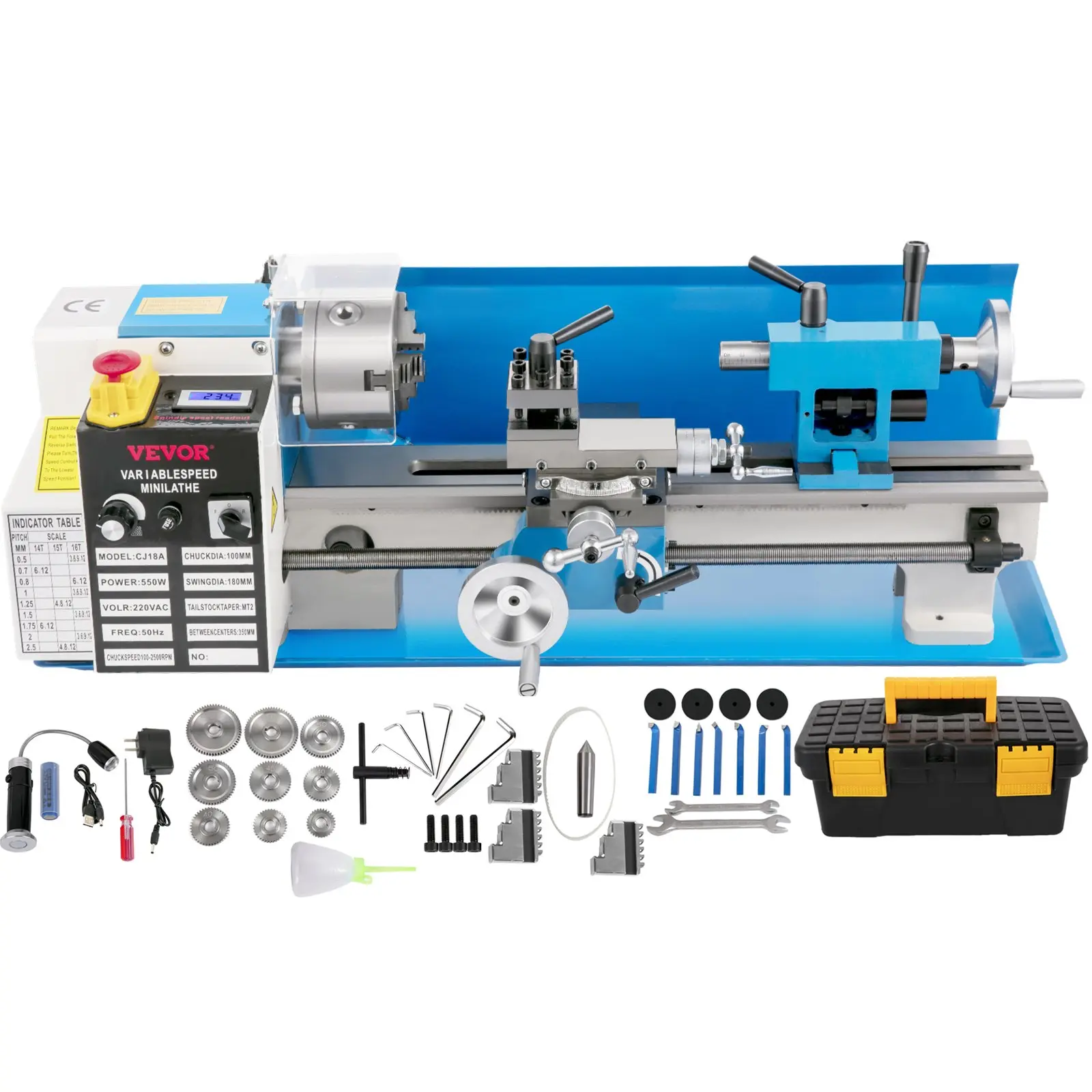 VEVOR 7-in x14-in High Power Compact Desktop Metalworking Tool Kit, 550W 110V/60Hz, 0-2500 RPM Adjustable Speed, 40 kg Capacity, 3-Jaw Chuck, Digital Display, 1 Lathe Center, 1 Storage Box for Precision Crafting