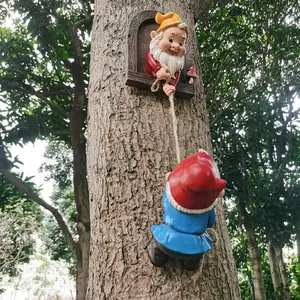 2 Piece Fantasy Gnome Climbing Tree Statue Set, Outdoor Garden Wall Decor, Resin Material, Mother's Day Christmas Gift, Includes Hanging Ornament
