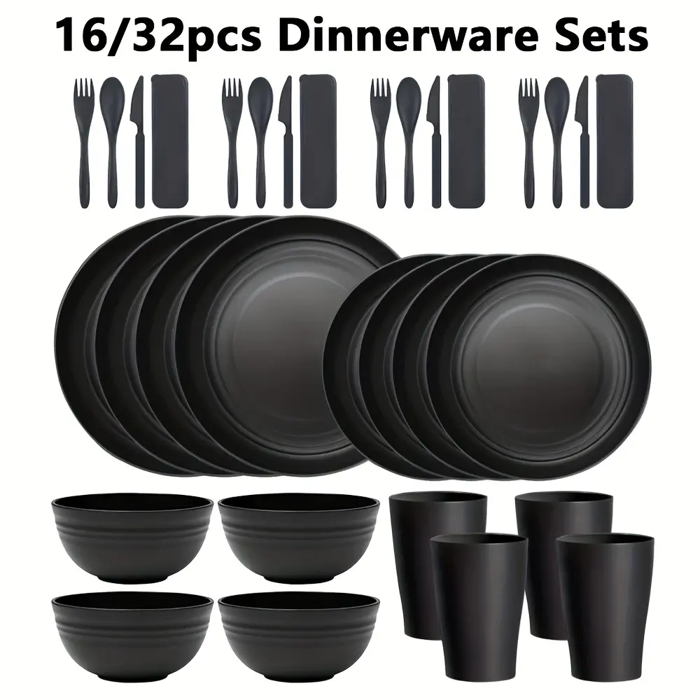 Wheat Straw Dinnerware Sets, Reusable Durable Unbreakable Black Tableware, Includes Plates Bowls Cups Cutlery, Microwave & Dishwasher Safe, 16/32Pcs Ideal for Picnic Camping Party Home Use Gifts