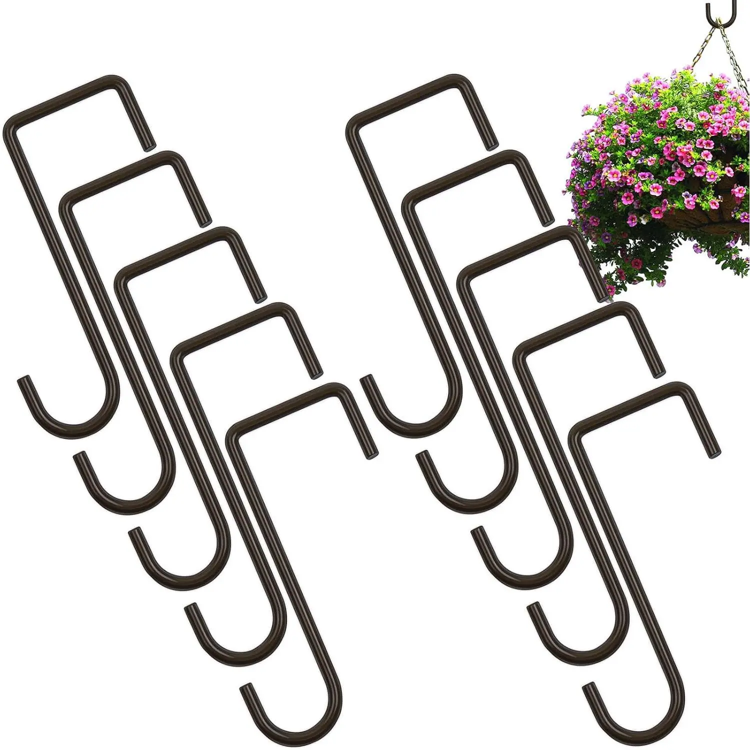 10 Pack Vinyl Fence Hooks 2 x 6 Inches, Brown Powder Coated Steel Patio Hooks - Heavy Duty Fence Hanger for Hanging Lights, Plants, Bird Feeder, Pool Equipment Indoor & Outdoor