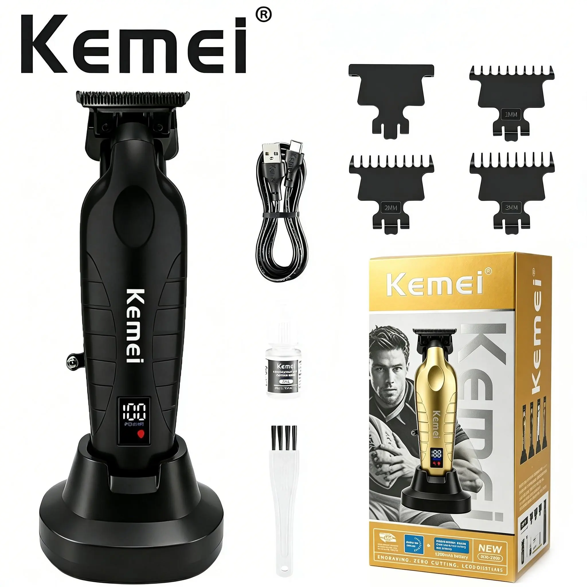 Kemei Km-2499 Men's Professional Hair Trimmer, Upgrade Version, Wireless Beard Trimmer, LCD Display, Perfect Grooming Gift