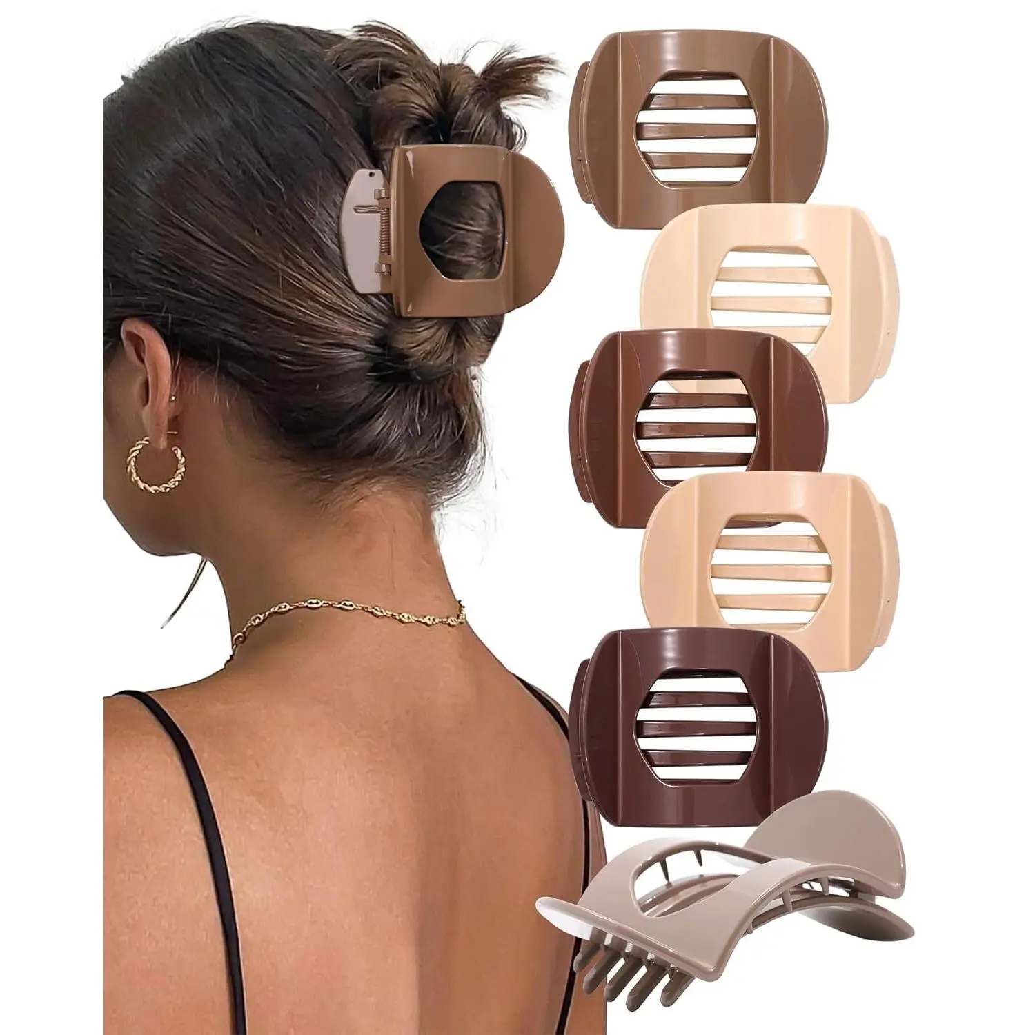 6 PCS Flat Hair Clips Women Medium Non-slip Flat Claw Clip Strong Grip Hair Claw Clips Hair Barrettes Women (Light Brown+Dark Brown+Light Brown+Dark Brown+Off-White+Chestnut)