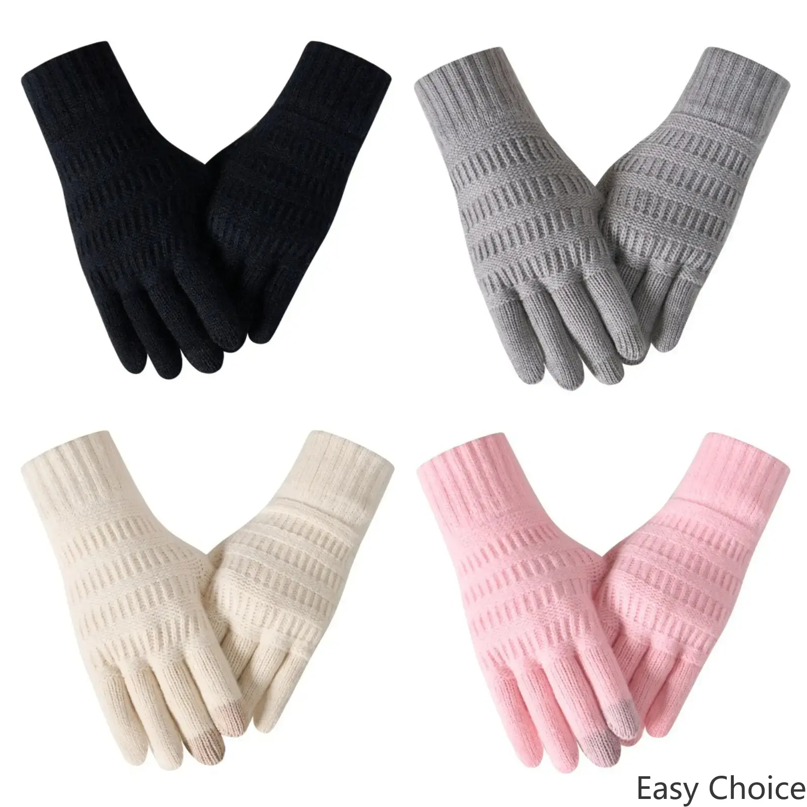 1‑Pair Winter Knit Gloves for Men & Women, Warm Touch‑Screen Compatible Thermal Mittens, Khaki Ribbed Cuff Striped Jacquard Hand Warmers, Cozy Hand Gear for Casual Outdoor, Driving & Skiing Activities