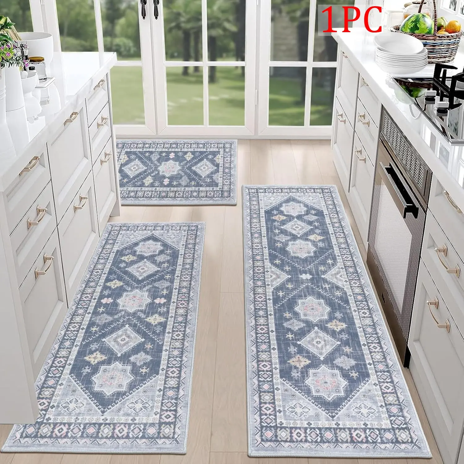 American Fog Blue Vintage Persian Pattern Kitchen Rug, Boho Style Home Decor Mat, Soft Comfortable Non-Slip Washable Carpet for Sofa, Coffee Table, Living Room, Bathroom
