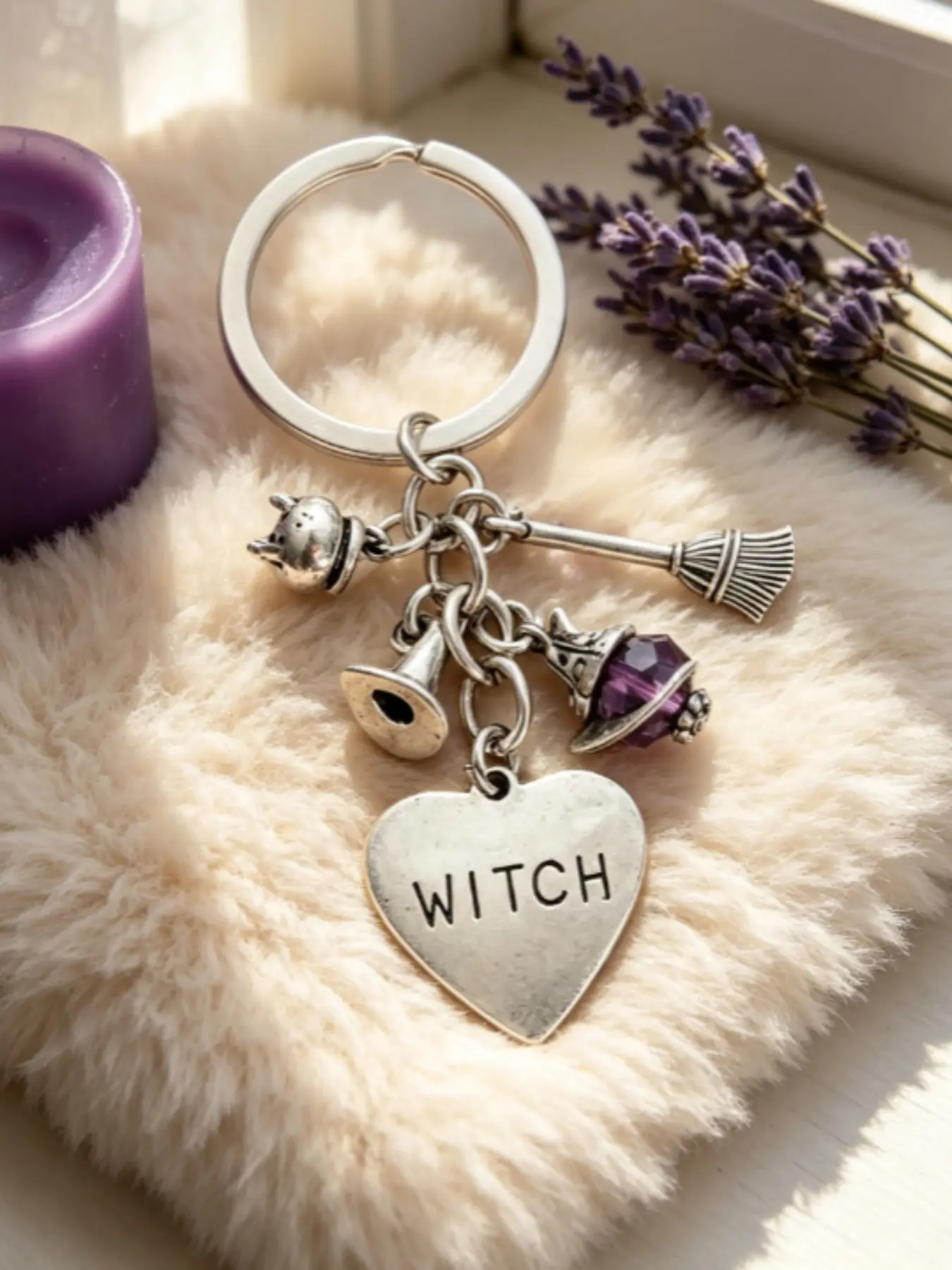 Witch Broom Keychain, Metal Witch Keychain with Witch Letter Heart Pendant, Gothic Halloween Bag Accessory, Witch Style Gift