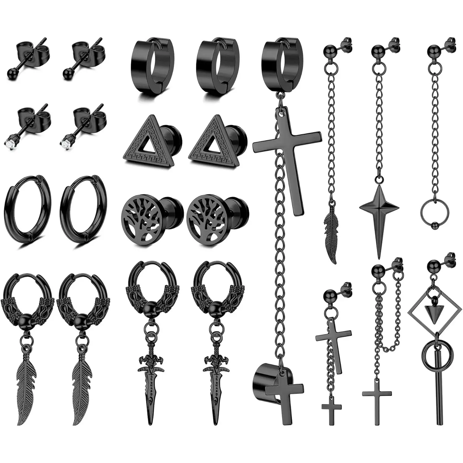 23Pcs Black Earrings Set for Men & Boys, Stainless Steel Studs & Hoop Earrings, Small Ball Barbell Piercing Jewelry for Cartilage
