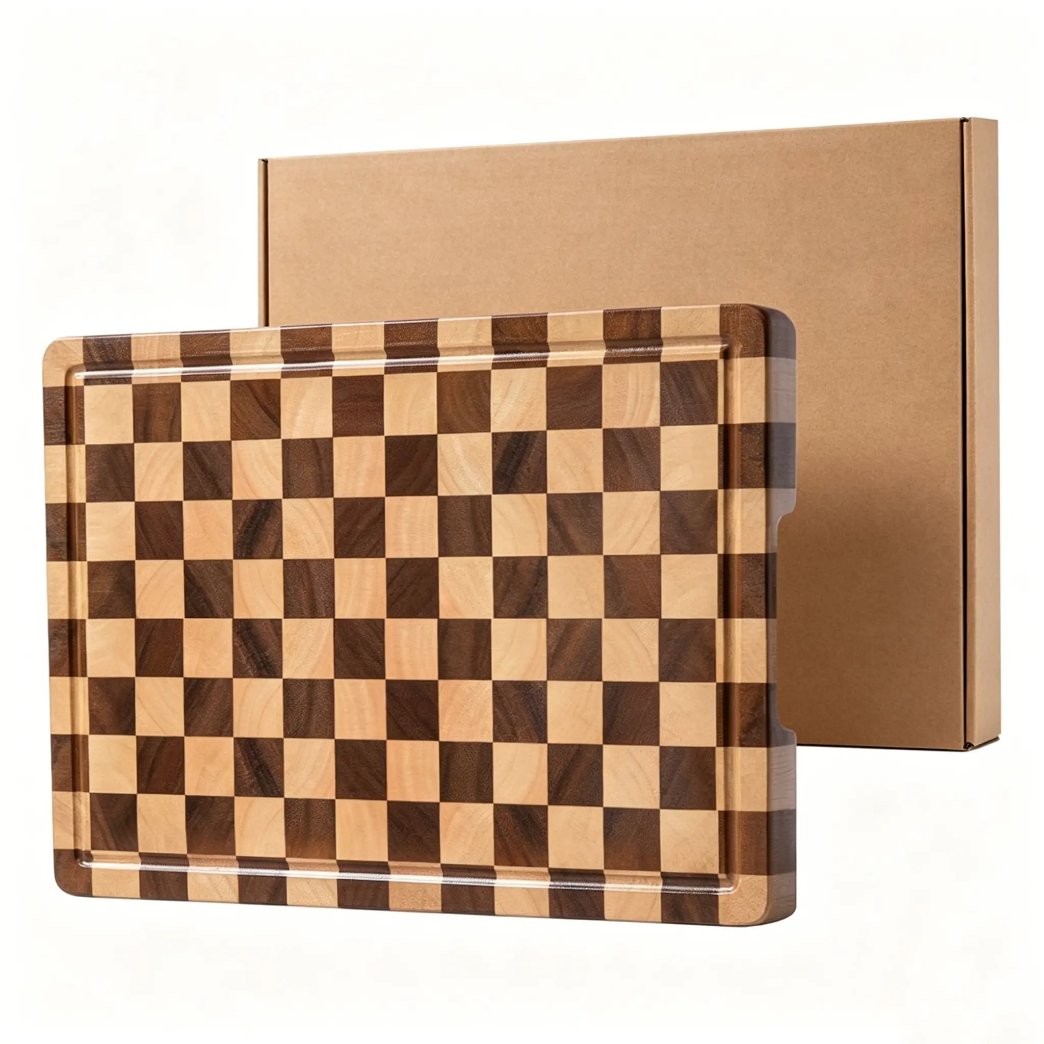 Rubber Wood Checkered Cutting Board 16x11x0.8 Inches, Kitchen Chopping Board with Deep Sink and Handle, Non-Slip Pads, Family Use
