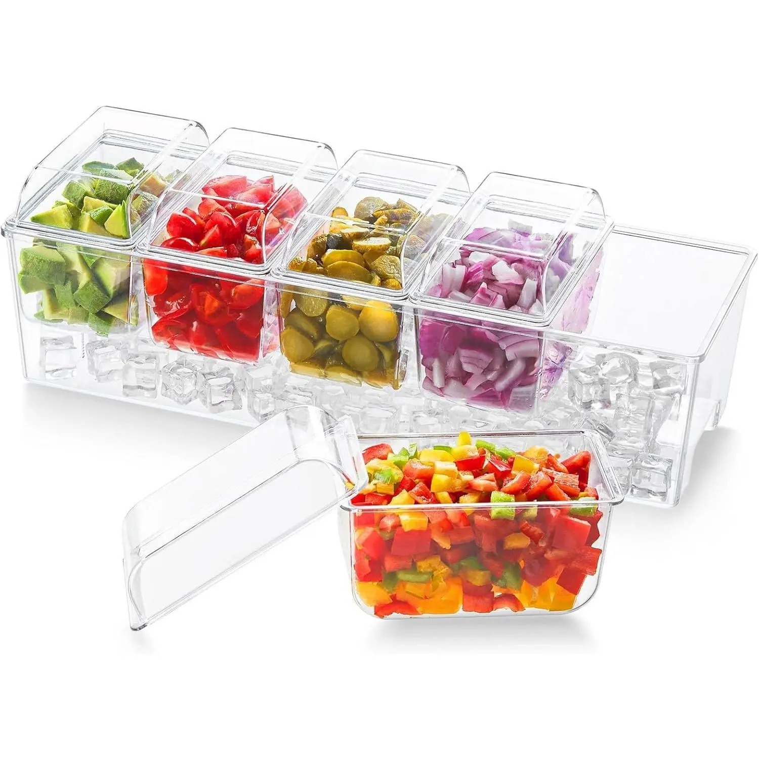 Chilled Condiment Caddy with 5 x 20 oz Containers, Compact 15" Garnish Tray with Lids for Bartenders, Taco Bar Party Serving Set & Dirty Soda Bar Supplies, Ideal for Fruit, Salad, Toppings