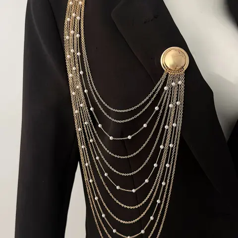Elegant Pearl Multi-Layer Chain Tassel Brooch, Fashionable Safety Pin Accessory, Versatile Jewelry for Women's Daily Wear, Bags & Alloy Brooch Pin