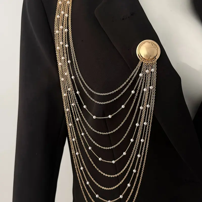 Elegant Pearl Multi-Layer Chain Tassel Brooch, Fashionable Safety Pin Accessory, Versatile Jewelry for Women's Daily Wear, Bags & Alloy Brooch Pin