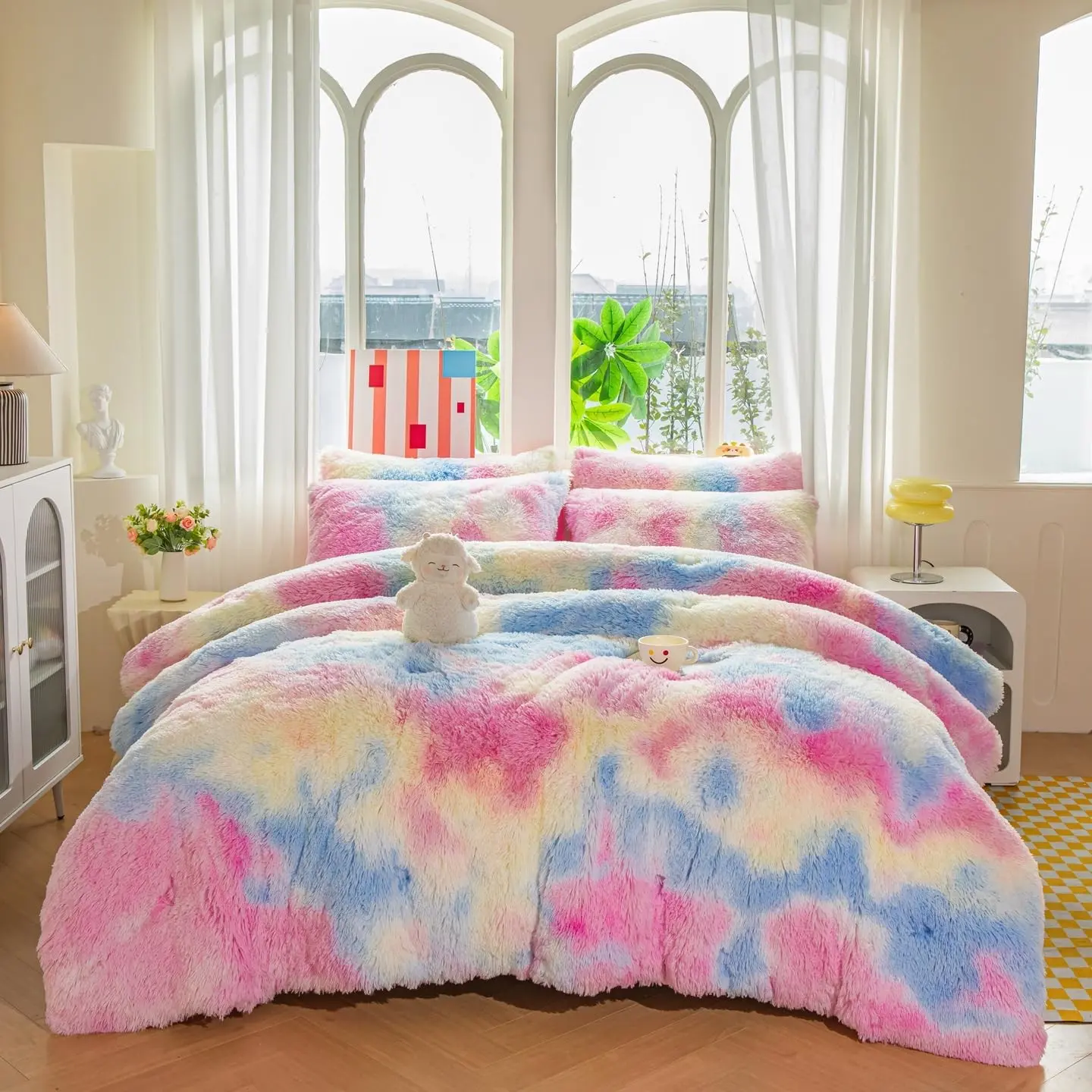 Kids Girls Sunshine Rainbow Queen Comforter Sets 3PC Warm Comfortable Soft Plush Flannel Velvet Fluffy Fuzzy Bedding 1 Comforter 2 Pillowcases