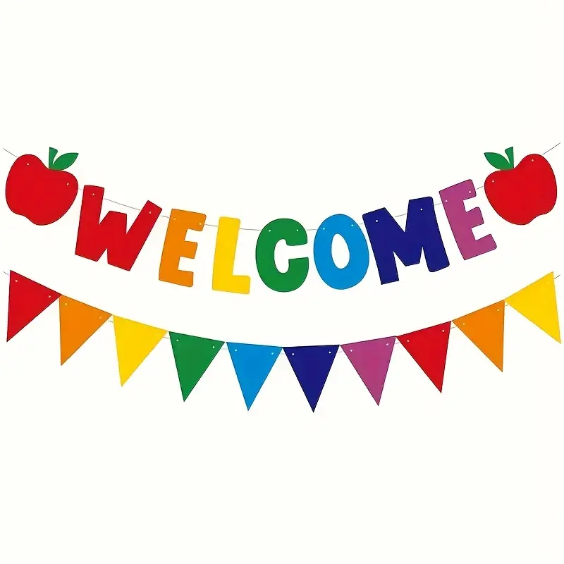 A Colorful 'Welcome' Banner Adorned with Apple Decorations And Triangular Flags - Perfect for Classroom, Office, And Party Celebrations, School Party Decorations, Triangular Flags, And Vibrant Felt School Decor