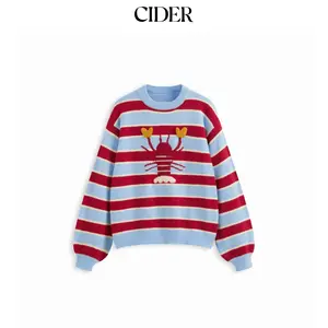 Cider Knit Lobster Pattern Striped Round Neckline Oversized Sweater SummerFinds