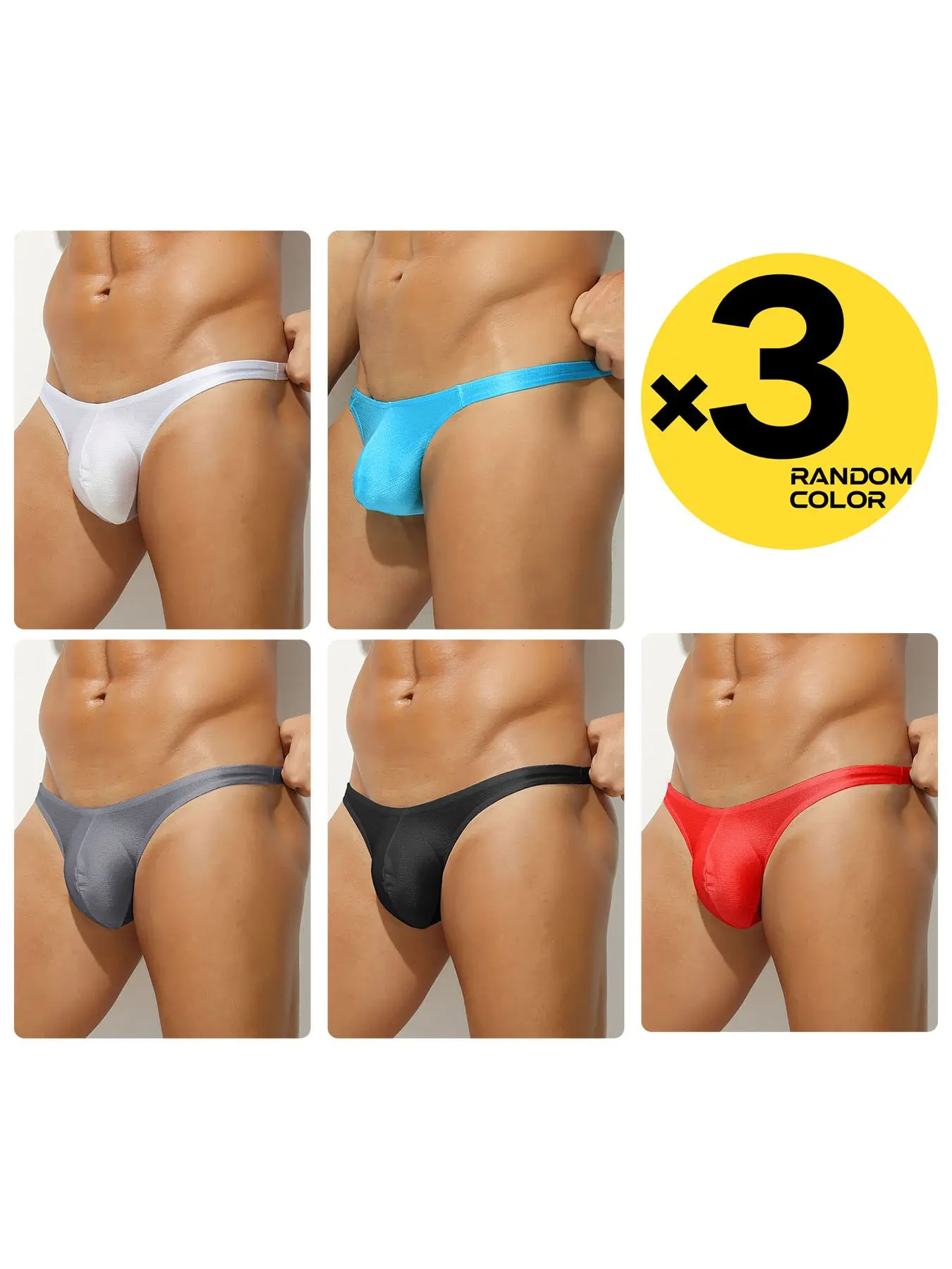 2/3/4 Pack Random Color Men Shiny Bikini Briefs, Smooth Soft Fabric, Contoured U Pouch, Narrow Band Low Waist Slim Fit, Close Fitting Underwear For Home And Daily Use, Stretchy Underwear