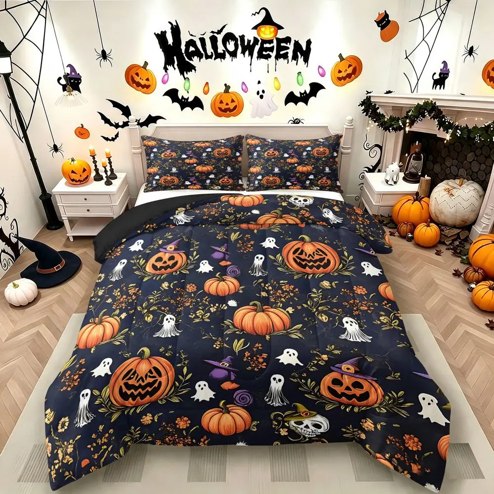 2/3Pcs Halloween Spooky Pumpkin Ghost Comforter Set, Cute Aesthetic Bedding Set for Fall Holiday, Soft Bedspread Quilt with Pillowcase, Festive Home Decor Gift No Pillow Core