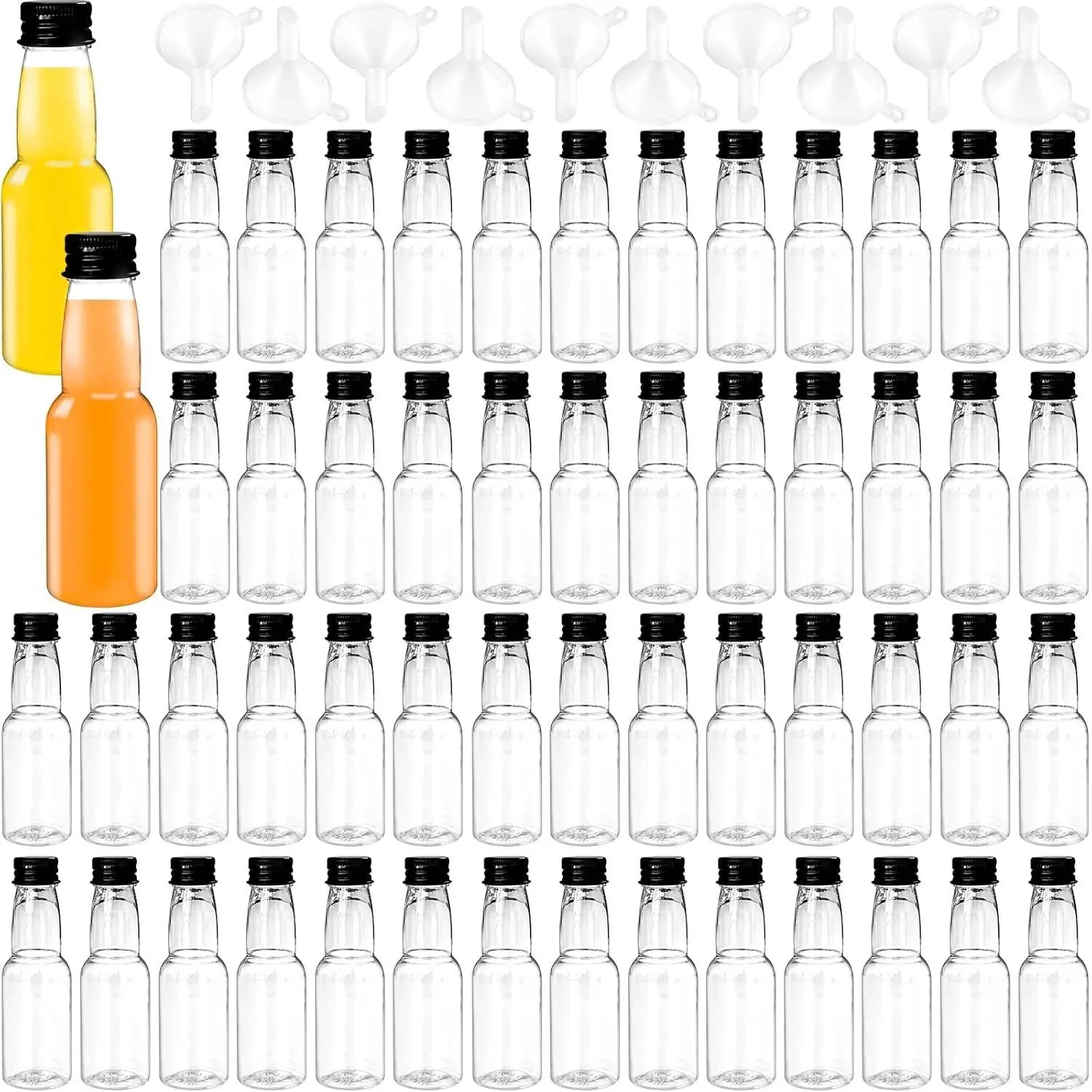 50 Pack 1.7oz Mini Liquor Bottles, Plastic Shot Bottles with Caps, Small Empty Water Bottles for Alcohol Shots, with 10 Funnels - Party Favors, Weddings