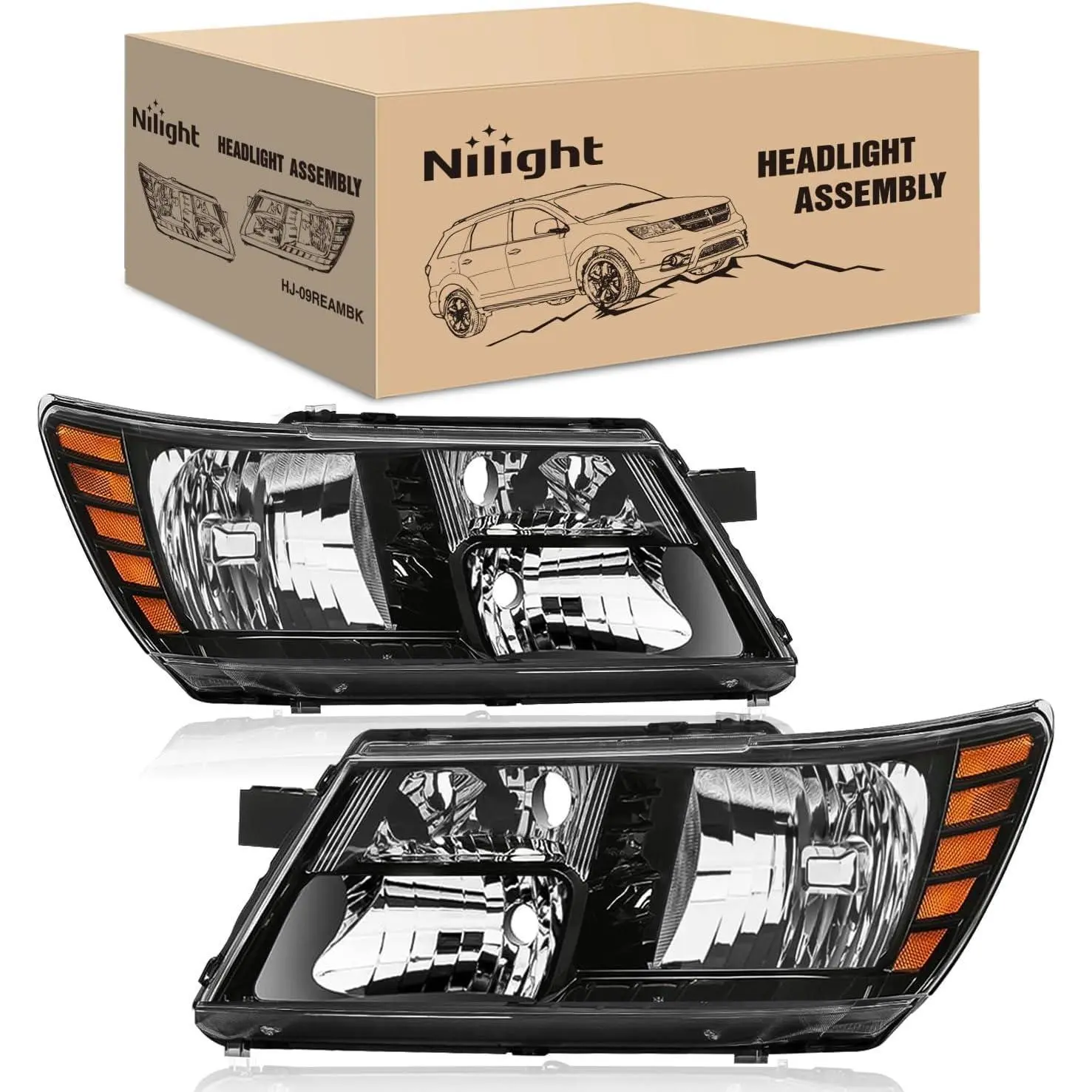 Nilight LED Headlight Assembly, Compatible with 2009-2020 Dodge Journey, Black Housing, Amber Reflector, Brightening, Temperature-Adjustable, Waterproof, Durable, Corrosion Resistant, Dust-Proof, Easy Install, Driver & Passenger Side, Part 5116288ab, Car,