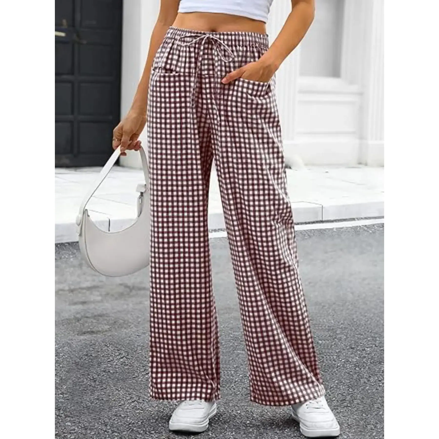 Women's Plaid Wide Leg Pants Casual Loose-Fitting Drawstring Design Comfortable Elastic Waist with Pockets All Seasons Fashion Waisted Season Trousers Comfy Pocket essential all day comfort, Trendy, Versatile