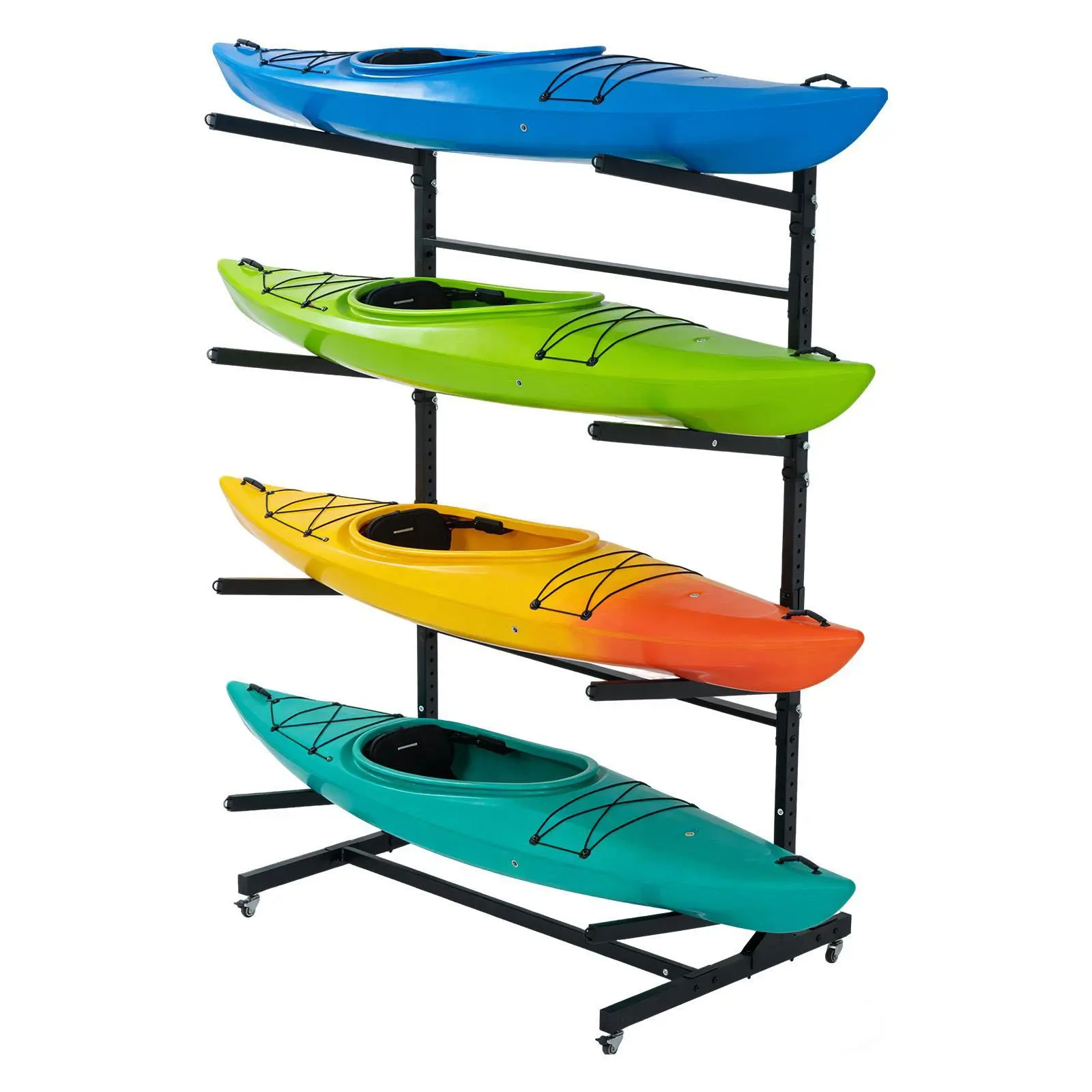 Adjustable Rolling Freestanding Kayak Storage Rack with Wheels - Heavy Duty Kayaking Holder with Flexible Fit for Garage/Dock, Indoor/Outdoor Organizer for Canoes, SUP Paddle Boards, Surfboards, Rolling Wheels