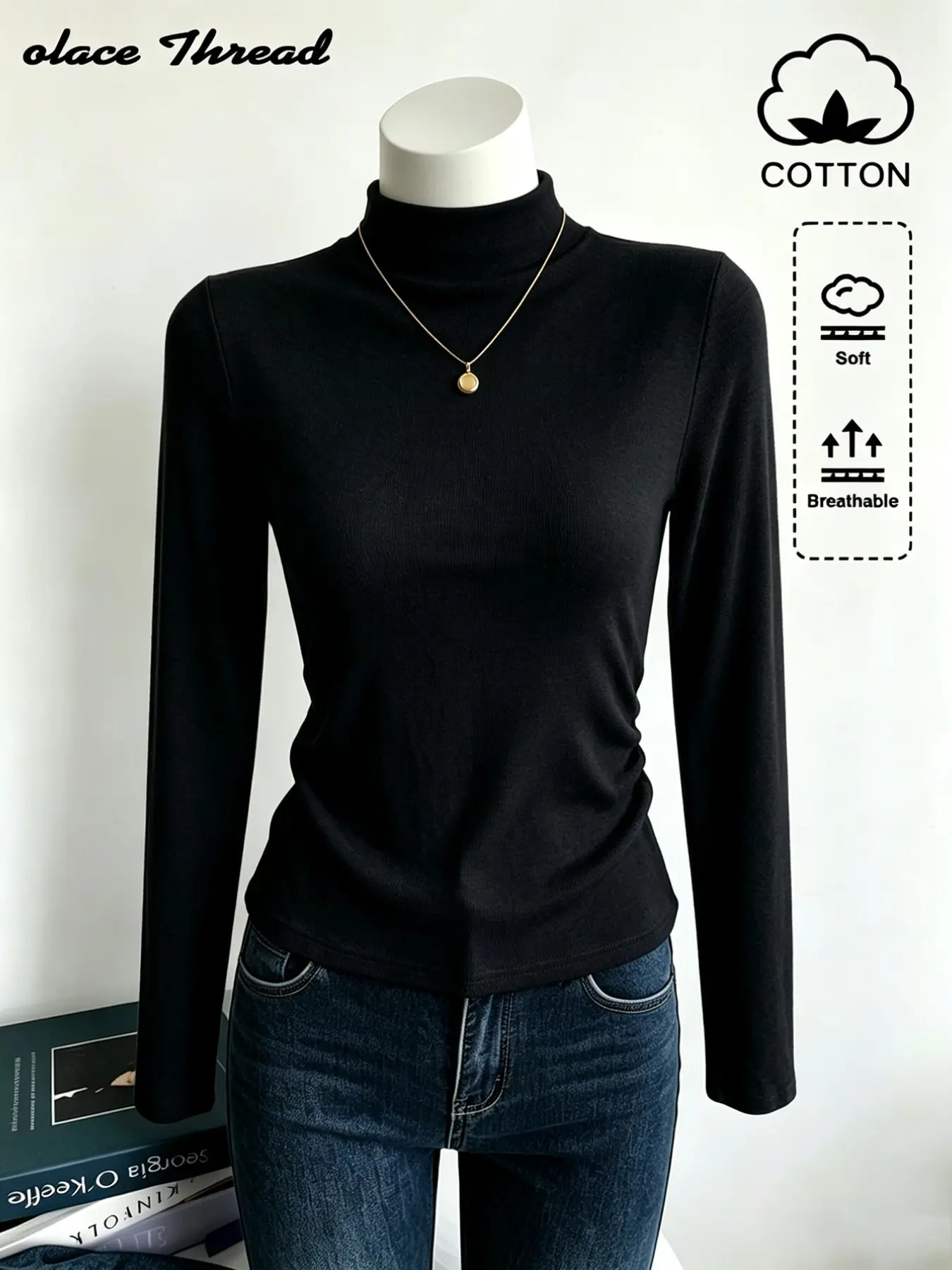 Women's Cotton Mock Neck Long Sleeve Top, Ribbed Slim Fit T-Shirt, Pleated Side Detail, Layering Essential, Fall Casual Wear, Can Be Worn Outdoors