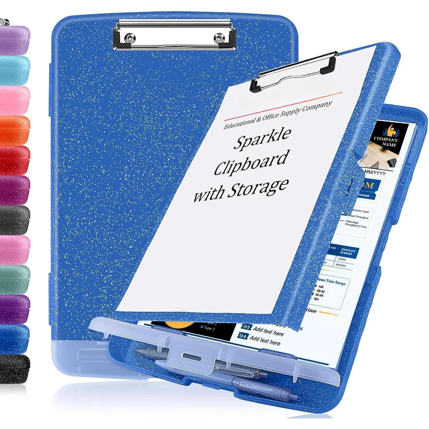Glitter Clipboard with Storage, Clip Boards 8.5x11 with Pen Holder, Binder Clipboards with Low Profile Clip Heavy Duty Plastic  Clipboard Folder Side Opening (Glitter Starsky Blue)