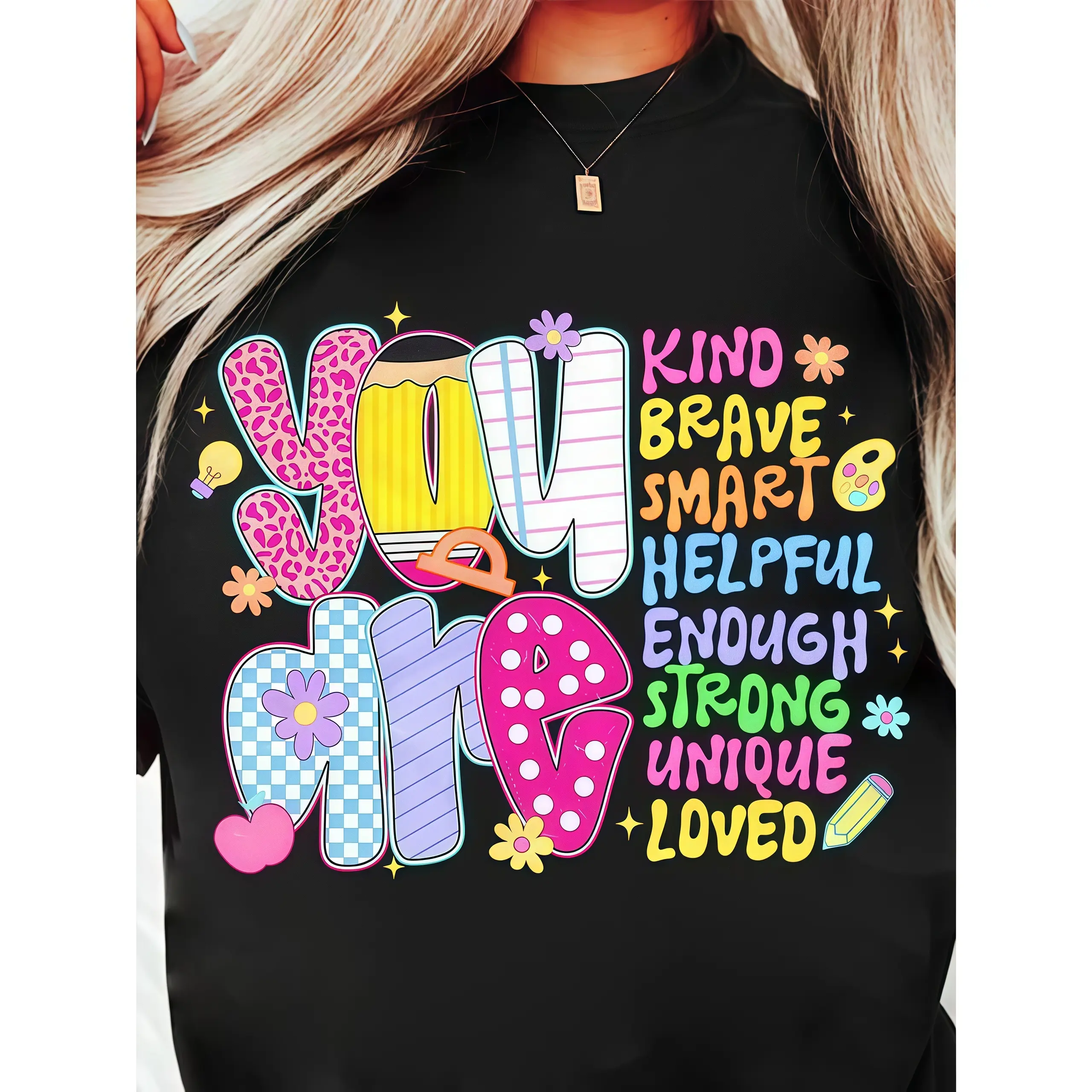 Women's Essential Breathable Cotton Round Neck Short Sleeve Motivational Floral Print Sports Top - "You Are Kind Brave Smart Helpful Enough Strong Unique Loved", Teacher Appreciation Gift, 1-5 Days Delivery, Everyday
