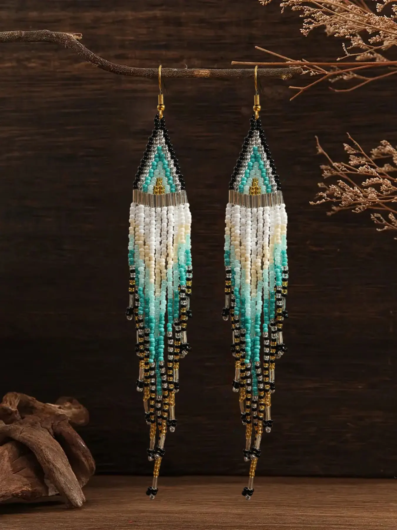 Bohemian Turquoise Seed Bead Fringe Dangle Earrings for Women, Vibrant Handmade Long Tassel Drop Earrings, Western Ethnic Bohemian Jewelry, Boho Aesthetic