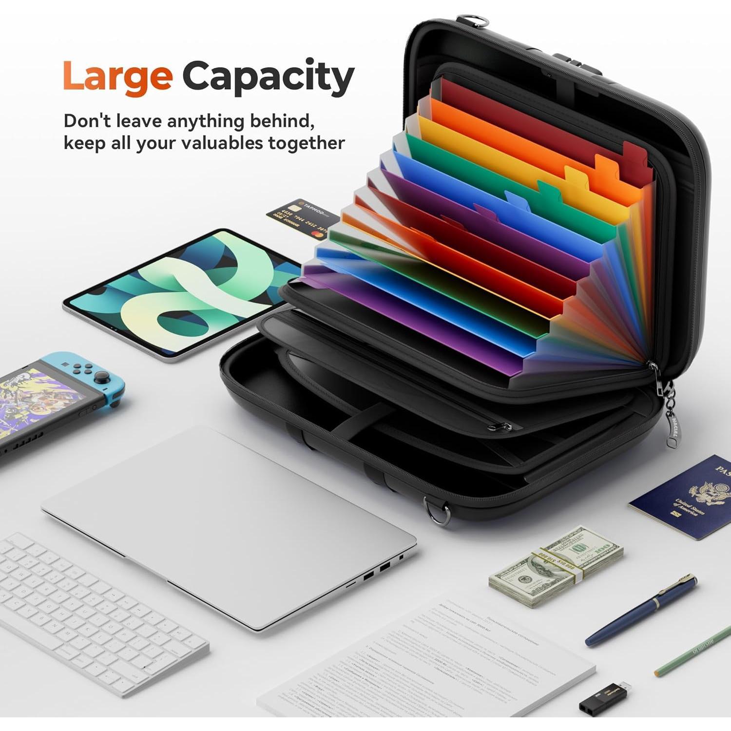 Fireproof Document Box with Lock &  Strap, Hard-Shell Fireproof File Organizer with 13 Pocket Accordion File Folder, Portable Safe Storage for Important Documents, Laptop, Black