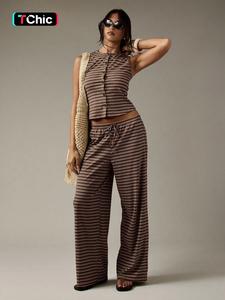 Women's Casual Striped Button-Up Top & Wide-Leg Pants Set, Trendy Two-Piece for Daily Wear, Comfortable and Stylish