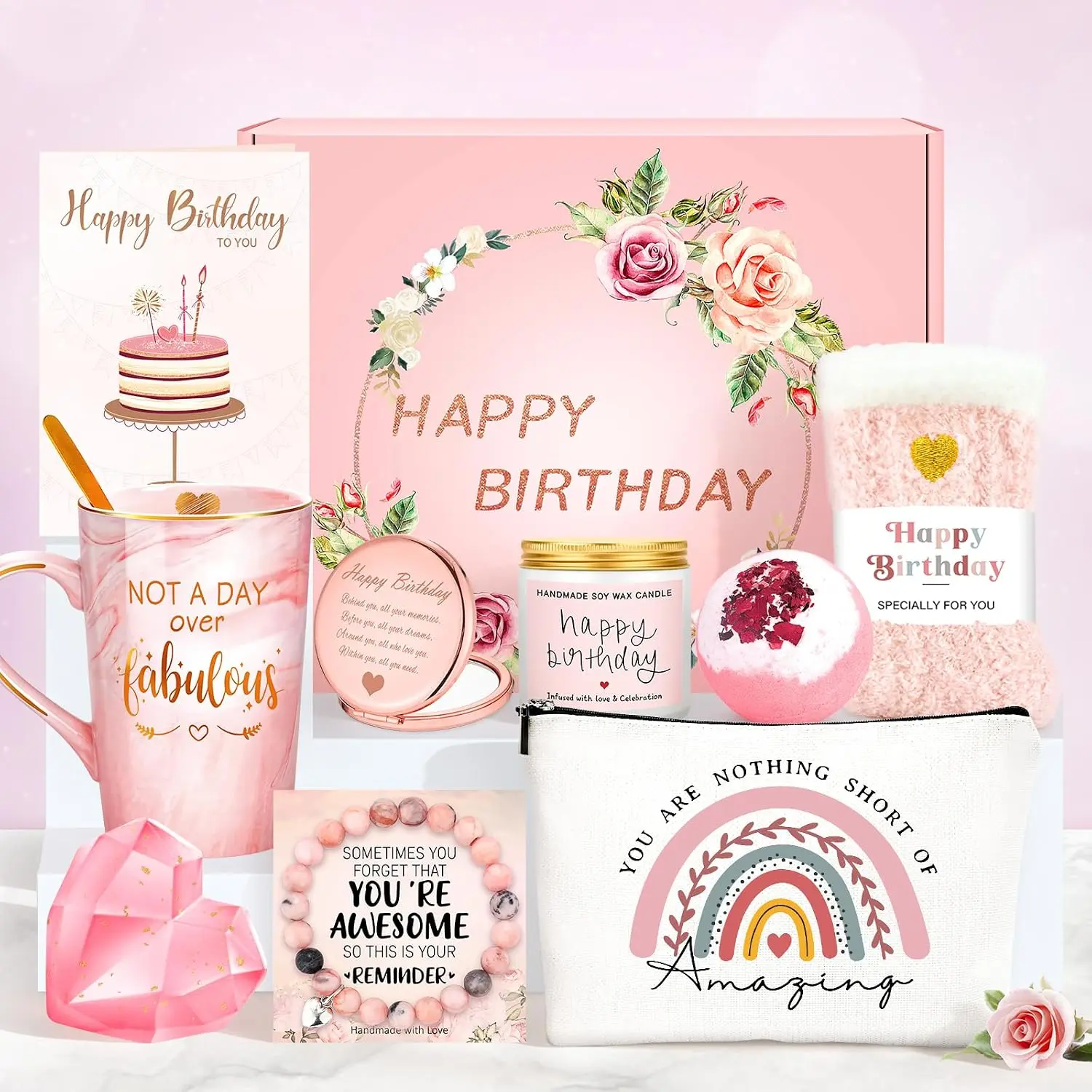 Women's Birthday Gift Basket Set - 10pcs Personalized Practical Presents with Marble Bracelet & "Not A Day Over Fabulous" Mug for Mom, Wife (Home & Festive Party Supplies), 10Pcs Birthday Gift Set, 10 Pieces, Boxed