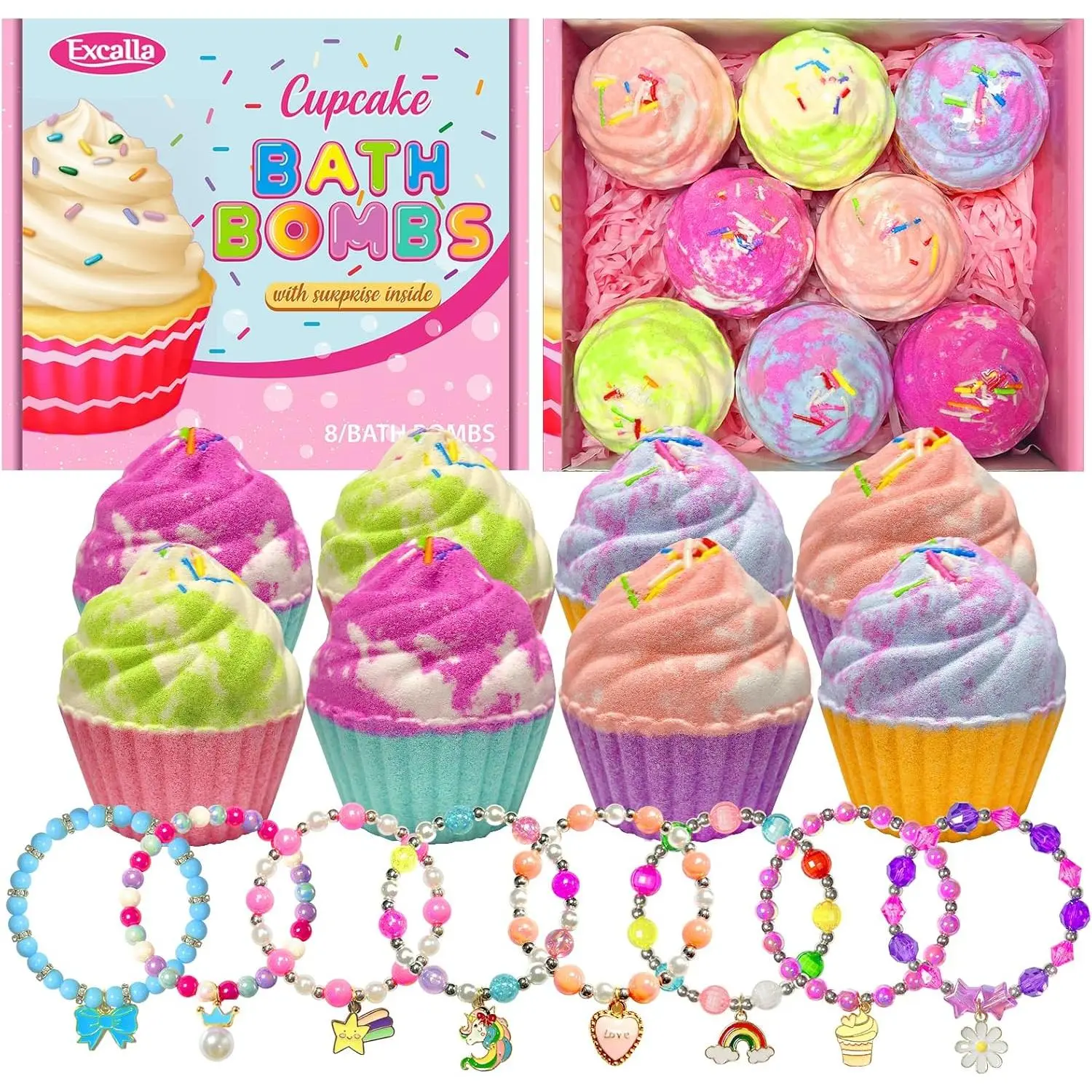 Bath Bombs for with Surprise Jewelry Inside, 8 Cupcake Bath Bombs for Girls Gift Set, Handmade Fizzes Balls with Rich Bubble Bath, Ideal for Chrildren Birthday Christmas