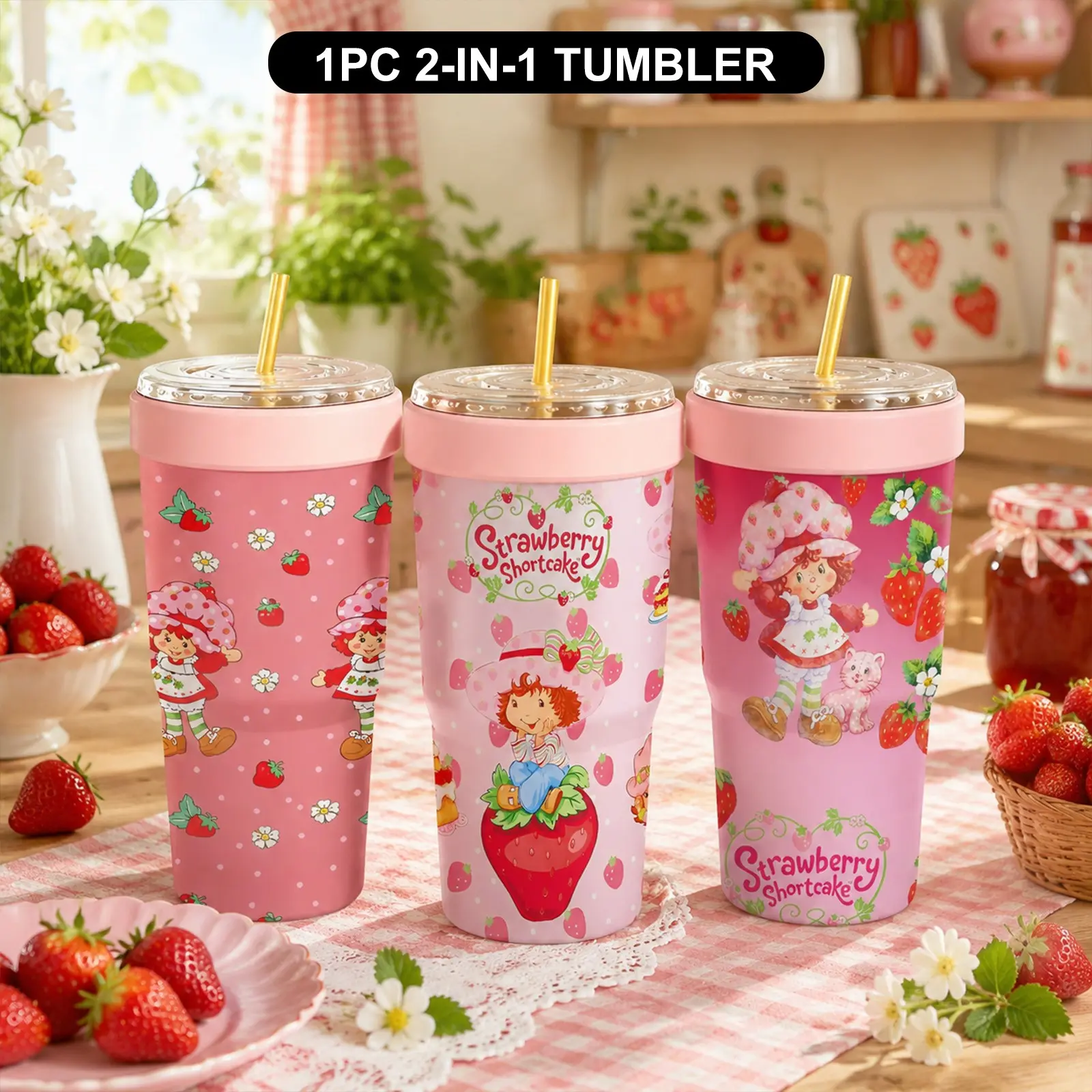 1PC 32oz Strawberry Print 2-in-1 Insulated Tumbler & Iced Coffee Cup Sleeve, Leakproof Insulated Tumbler, Leak-Proof Double Wall Stainless Steel Travel Mug, Cold 12+H & Hot 6+H, Fits 16–24oz To-Go Cups, Birthday & Christmas Gift