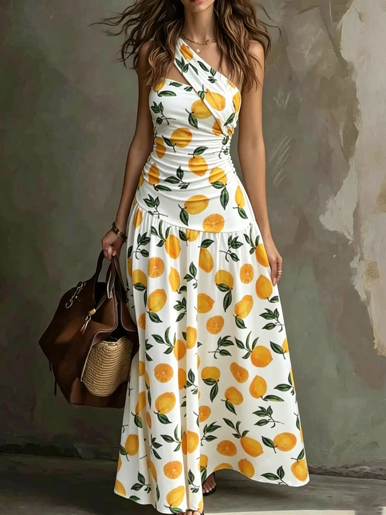 Women Summer Lemon Print One Shoulder Long Dress, Ruched Casual Slim Fit A Line Maxi Dress for Beach Vacation, Pool Party, Birthday Date, Travel Portrait Shooting, City Street Snap, Cafe Hangout and Girls Holiday Trip