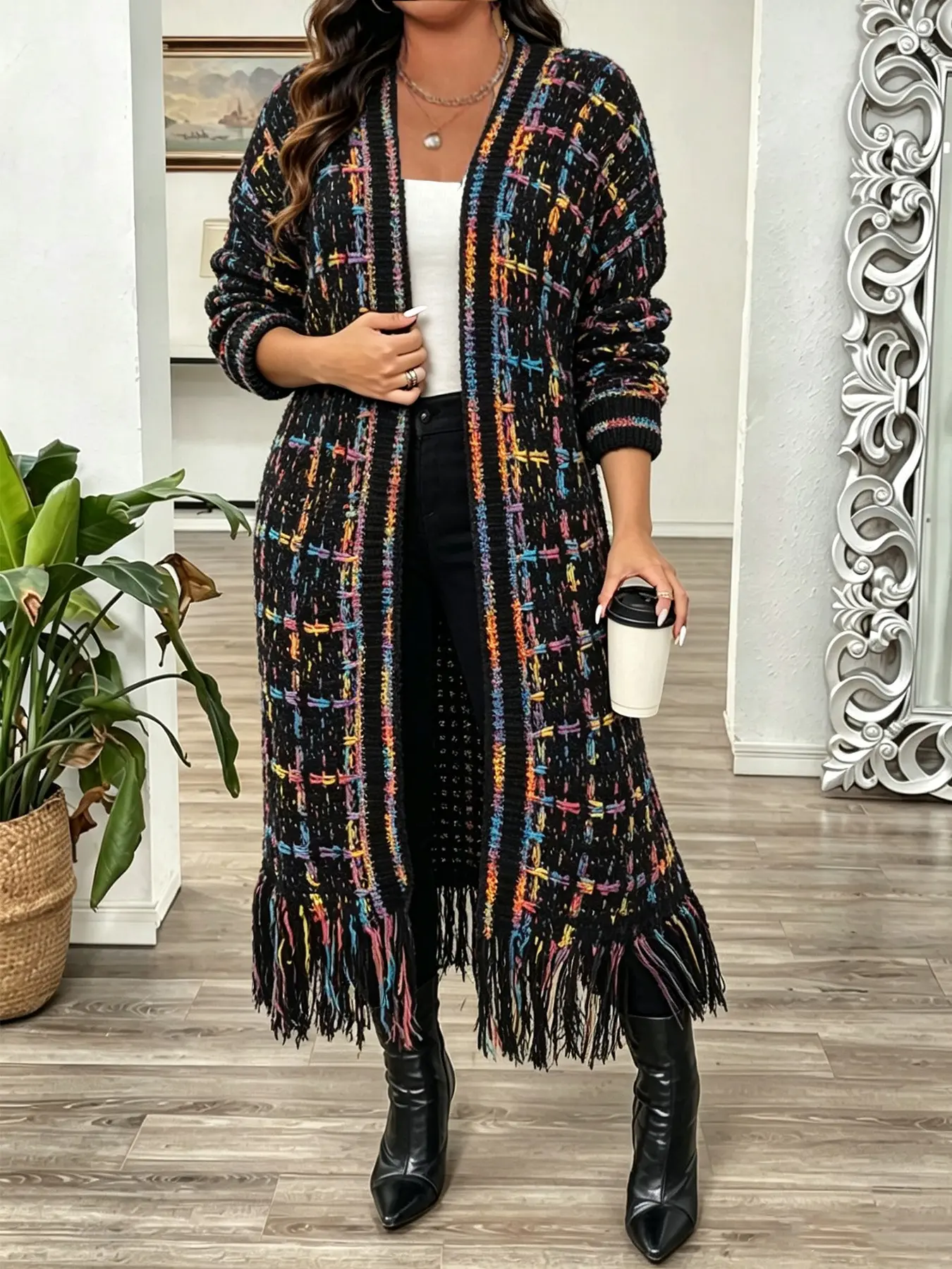 Plus Size All Over Print Fringe Trim Drop Shoulder Cardigan, Casual Long Sleeve Open Front Knitwear for Fall & Winter, Women's Plus Clothing for Daily Wear