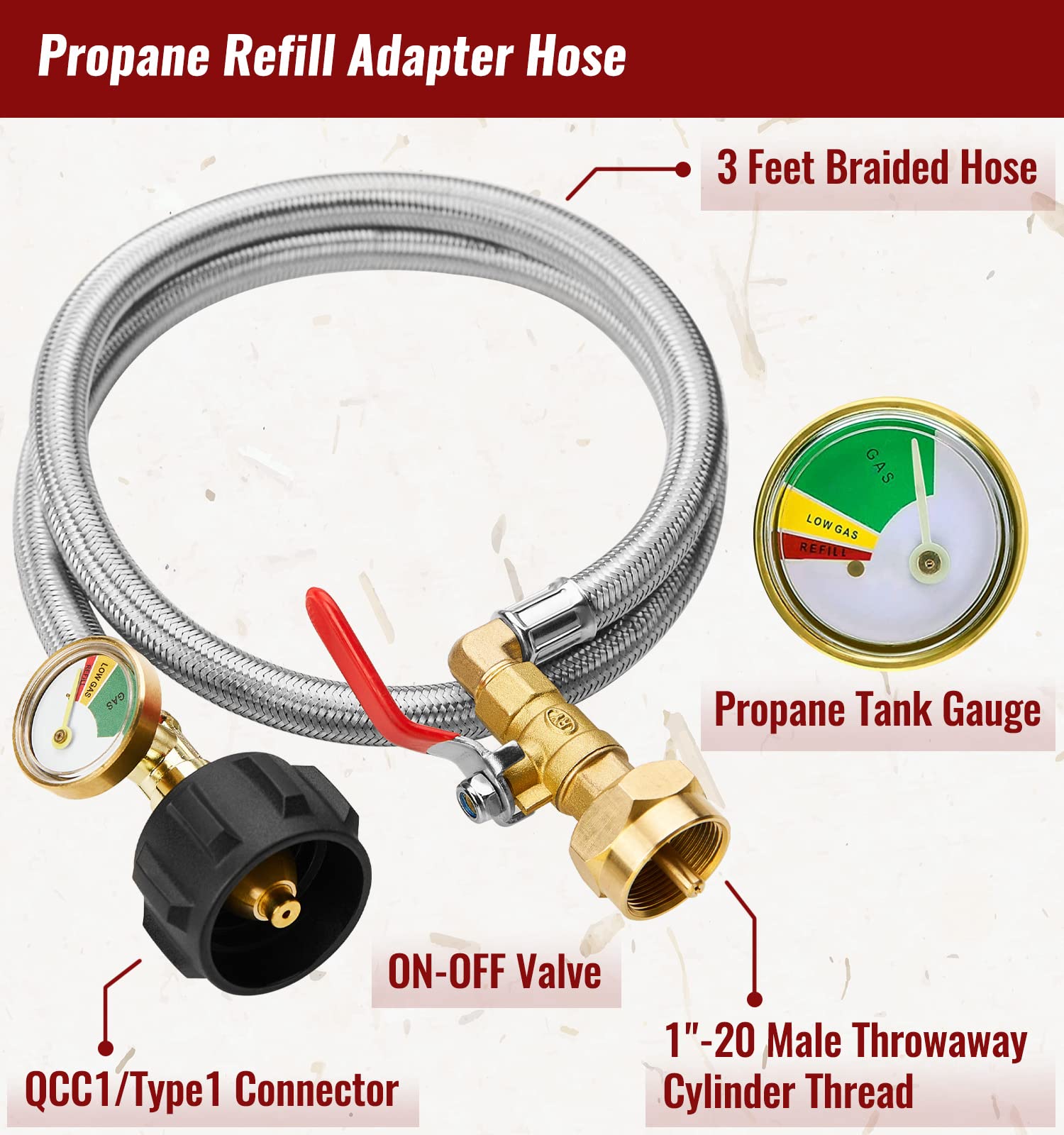 Propane Refill Adapter Hose |   3ft Stainless Steel with Pressure Gauge & Shut-Off Valve |   Safe Fill for 1lb & 20lb Tanks |   Camping, Grill & Outdoor Use