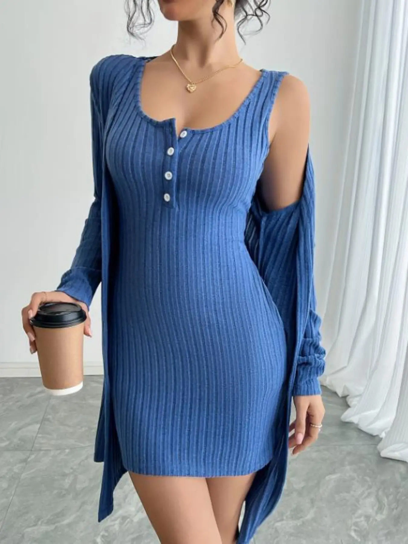 Women's Two-Piece Knit Home Set, Button Back Vest Skirt and Long Cardigan, Casual Wear, Cozy Knitwear, Comfortable and Stylish, Perfect for Relaxing at Home